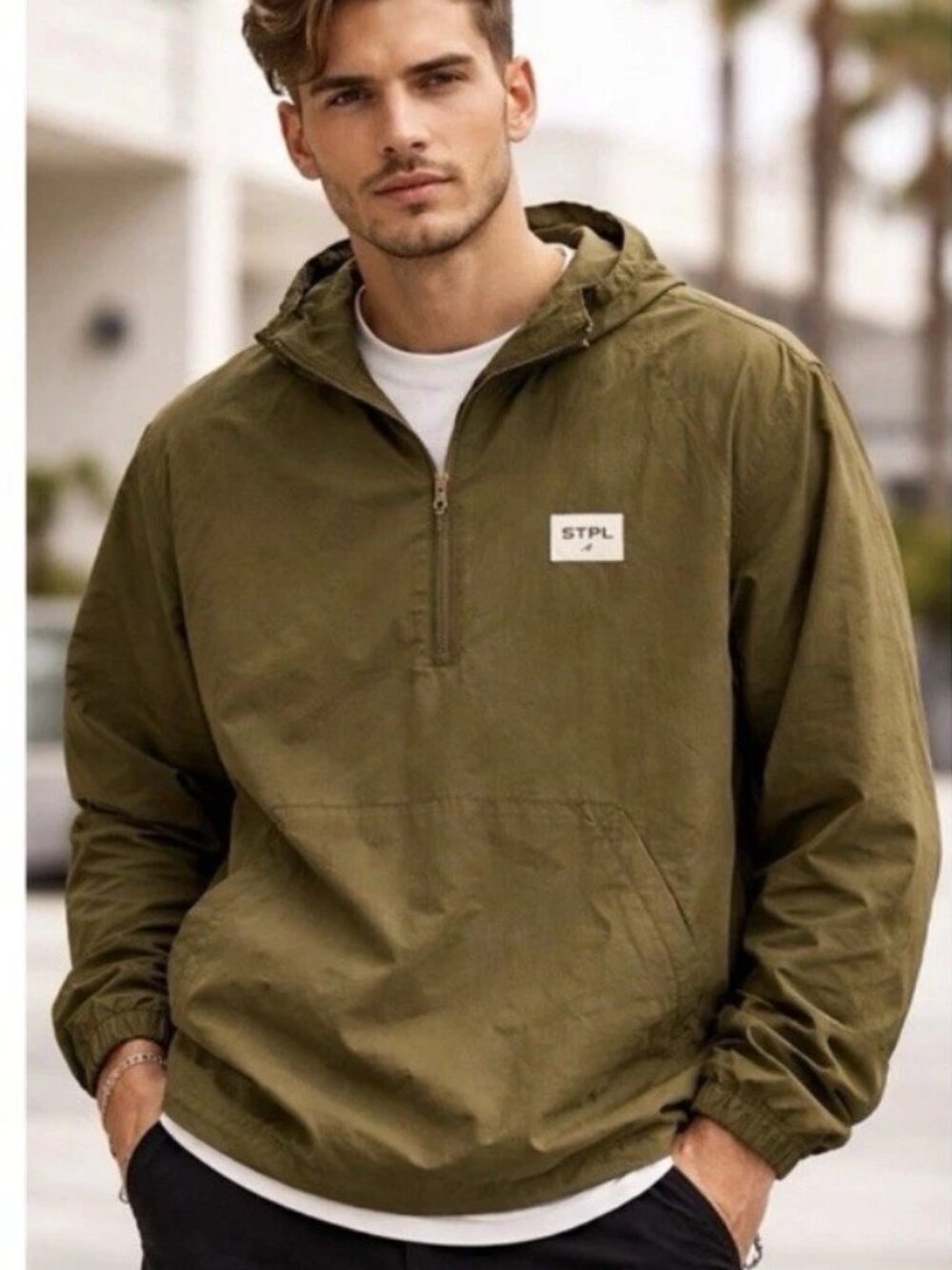 Staple Men's Quarter Zip Pullover Jacket Windbreaker STPL Pigeon Green Medium